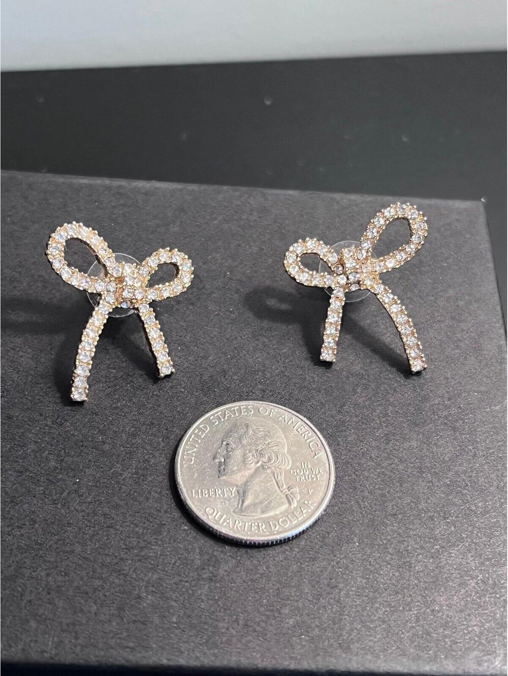 Bow Shaped Stud Earrings in Gold w/ Pave Cubic Zirconia - Picture 3 of 11